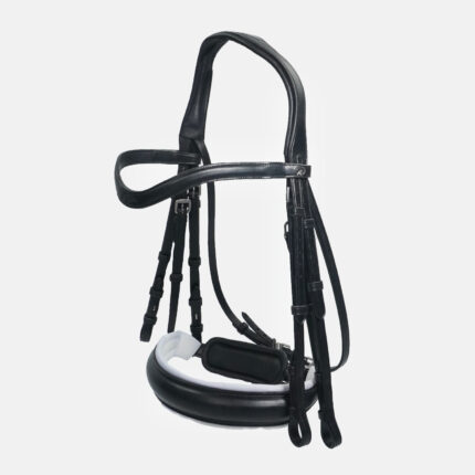 Dy'On - Bride Muserolle Large Mat Doublure Blanche Dressage Cuir Plat Collection Noir