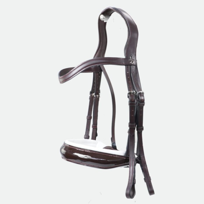 Dy'On - Bride Muserolle Large Vernie Doublure Blanche Dressage Cuir Plat Collection Marron – Image 1