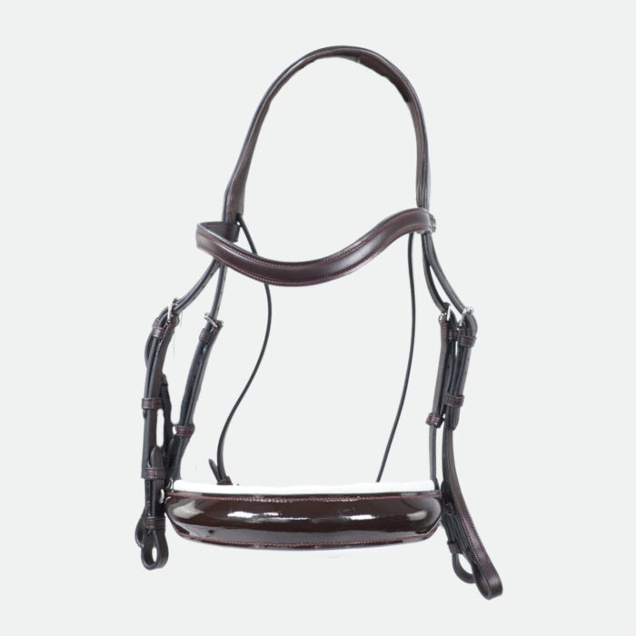 Dy'On - Bride Muserolle Large Vernie Doublure Blanche Dressage Cuir Plat Collection Marron – Image 3