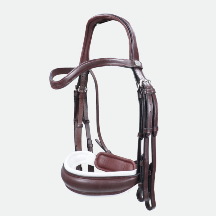 Dy'On - Bride Muserolle Large Mat Doublure Blanche Dressage Cuir Plat Marron – Image 1