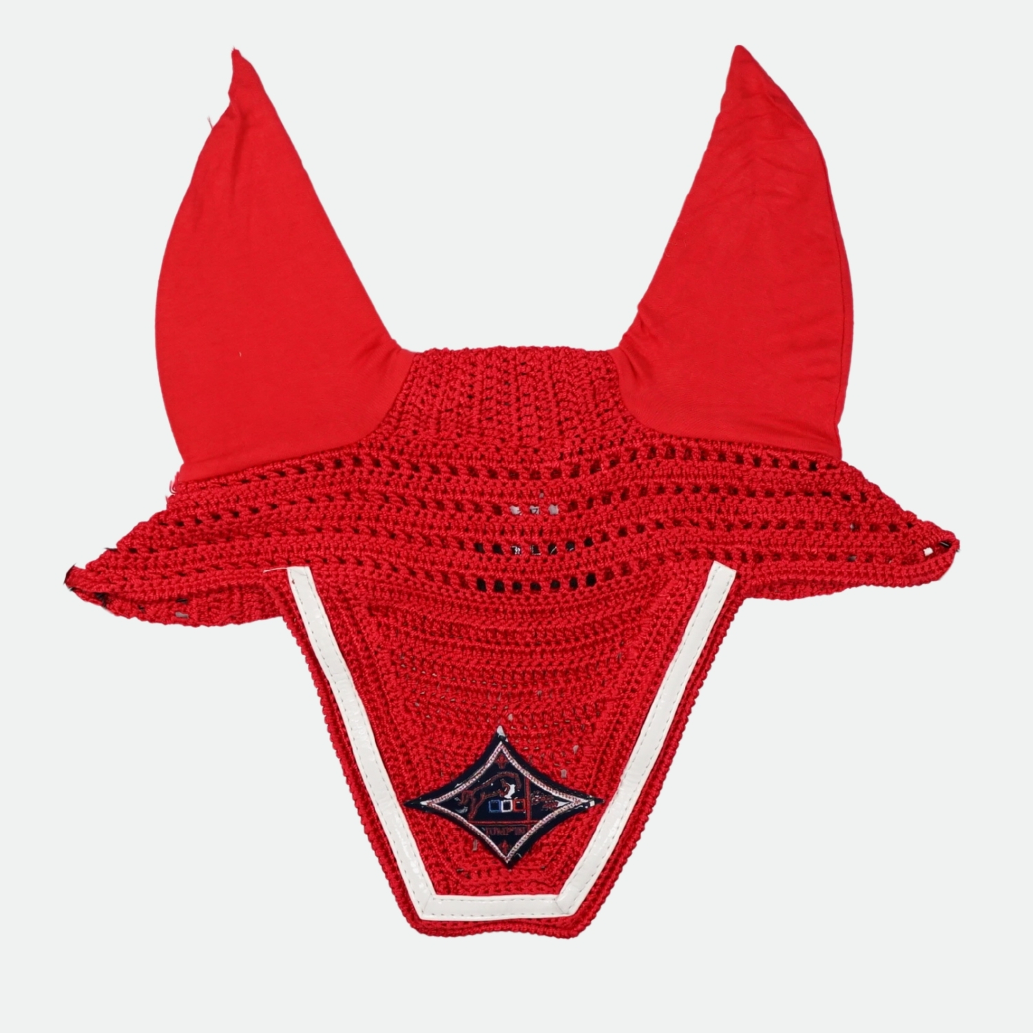 JumpIn-Bonnet-Ecusson-Losange-Rouge-Verni-Blanc-Et-Marine-cheval-occasion-2-ART0136641 Jump'In - Bonnet Écusson Losange Rouge, Verni Blanc Et Marine – Image 1